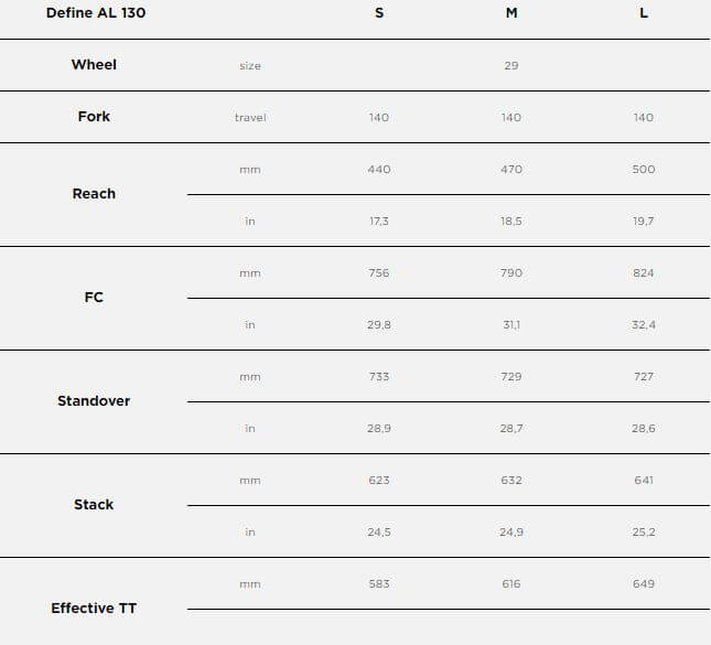 Tabela rozmiarów NS Bikes Define AL 130 1